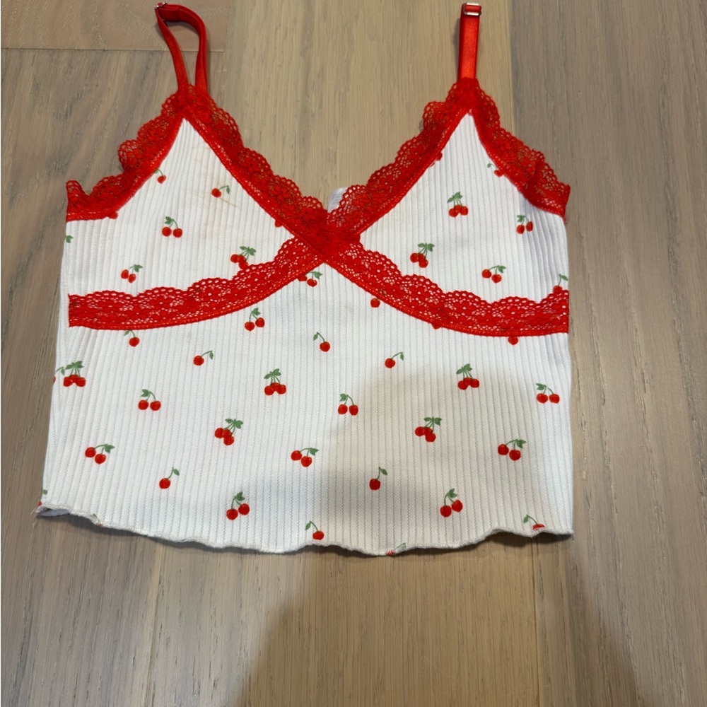 H&M White and Red Lace Trim Cami